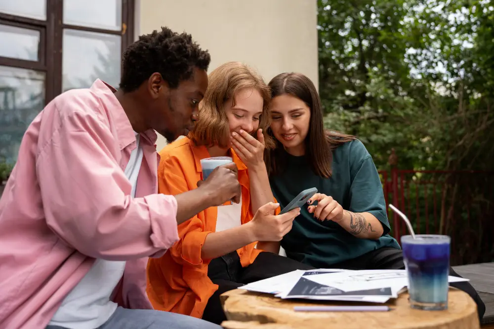 Three young adults sitting at a table, smiling and looking at a smartphone while reviewing financial documents—symbolizing Gen Z engagement with personal finance and retirement planning.