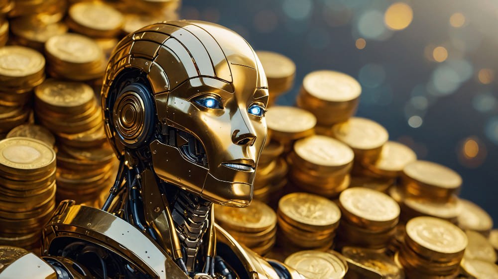 Futuristic golden robot with glowing blue eyes surrounded by stacks of digital crypto coins