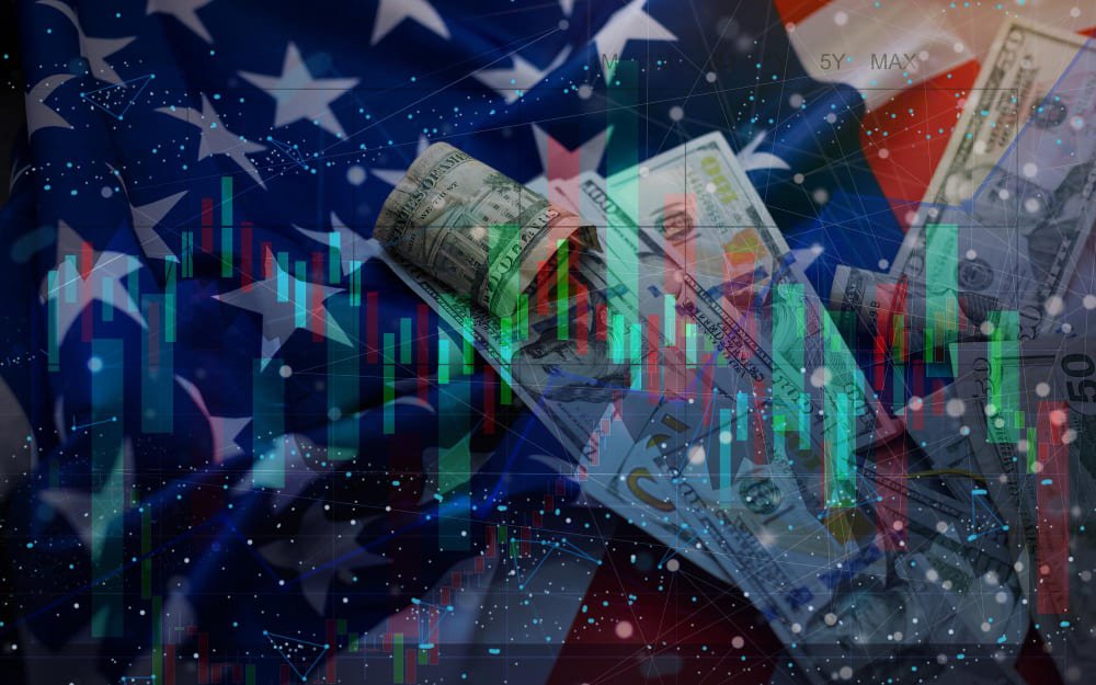 Abstract overlay of U.S. dollars, stock market charts, and the American flag representing the rise of the Digital Dollar and financial reform in 2025.