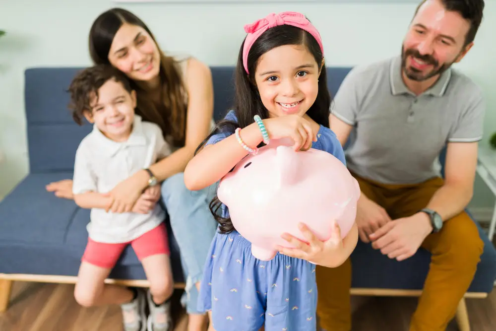 Young girl smiling and holding a pink piggy bank, sitting in front of her cheerful family on a couch—symbolizing early financial education and family saving goals.