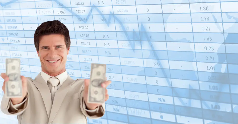 Businessman confidently showing dollar bills with a stock market data board in the background, symbolizing financial success and modern money trends in 2025
